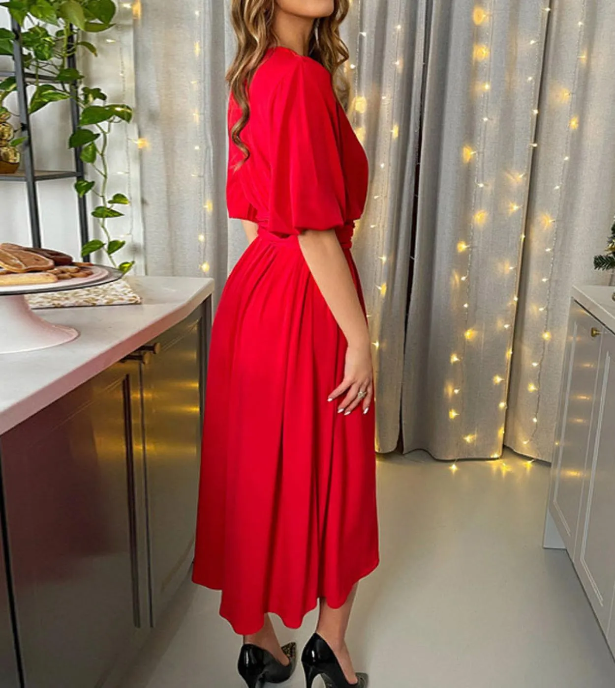Abito longuette per pendolari da ufficio da donna elegante con scollo a V profondo e spacco in vita, abito da sera casual a mani