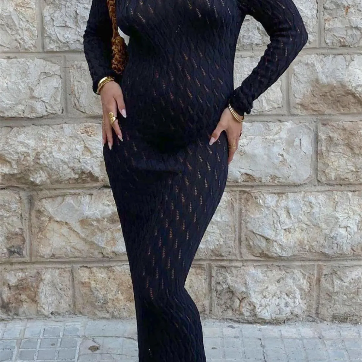Abito maxi slim in maglia con spalle scoperte per donna Abito patchwork moda manica lunga scollato in maglia Abito estivo D
