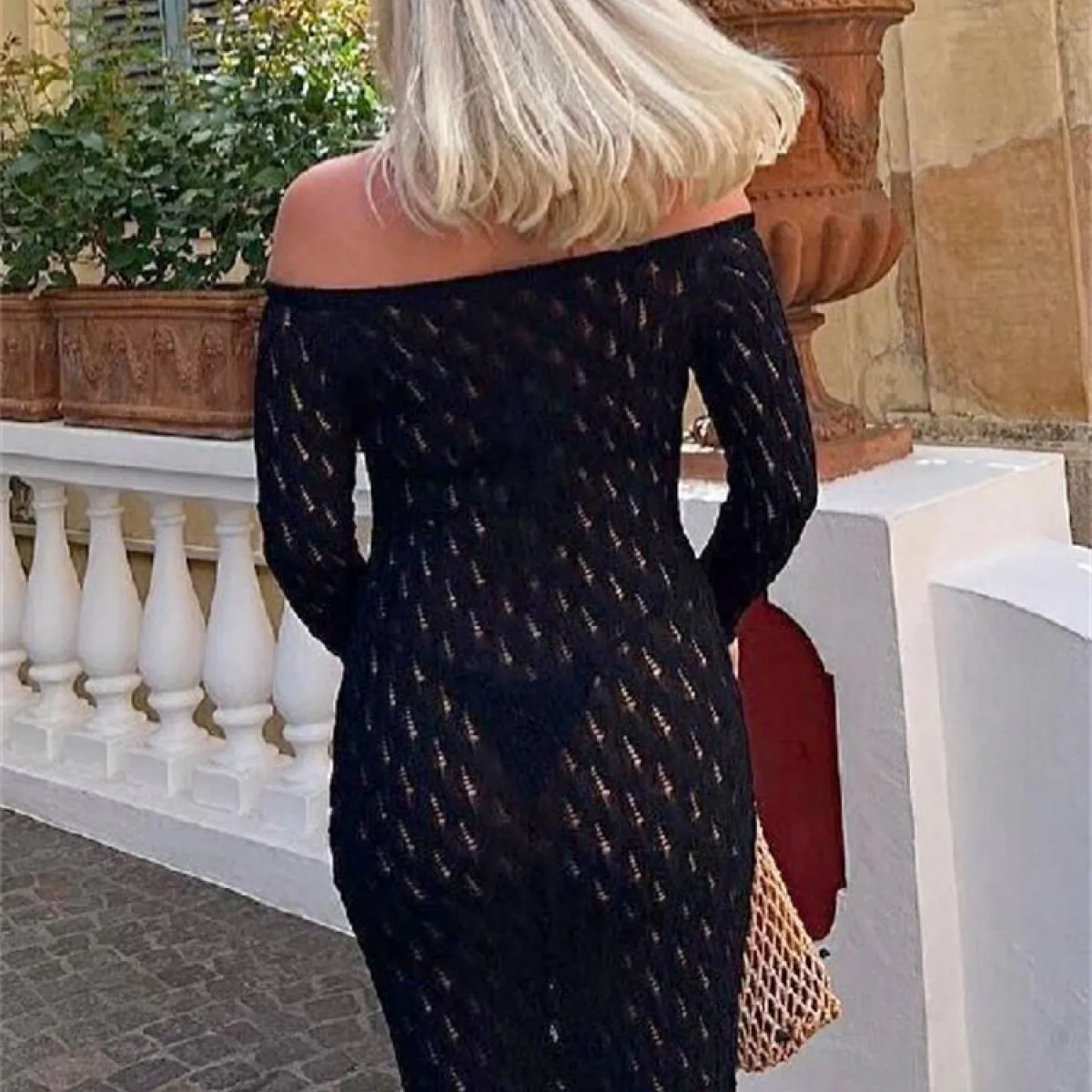 Abito maxi slim in maglia con spalle scoperte per donna Abito patchwork moda manica lunga scollato in maglia Abito estivo D