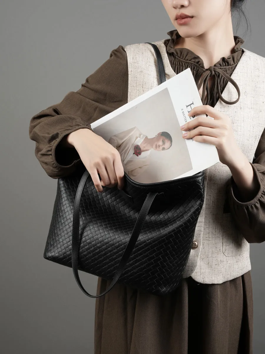 Borsa tote da donna in morbida pelle intrecciata tinta unita