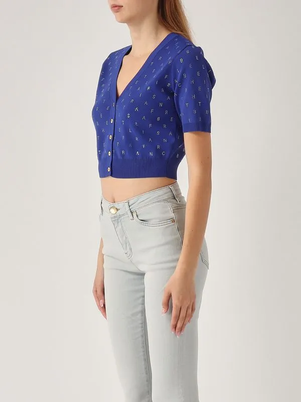 Cardigan donna Elisabetta Franchi cropped in maglia con strass Indaco
