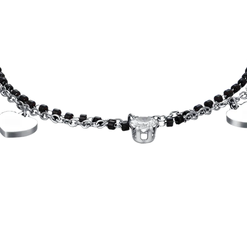CAVIGLIERA DONNA IN ACCIAIO CON ELEMENTI NERI E CUORI