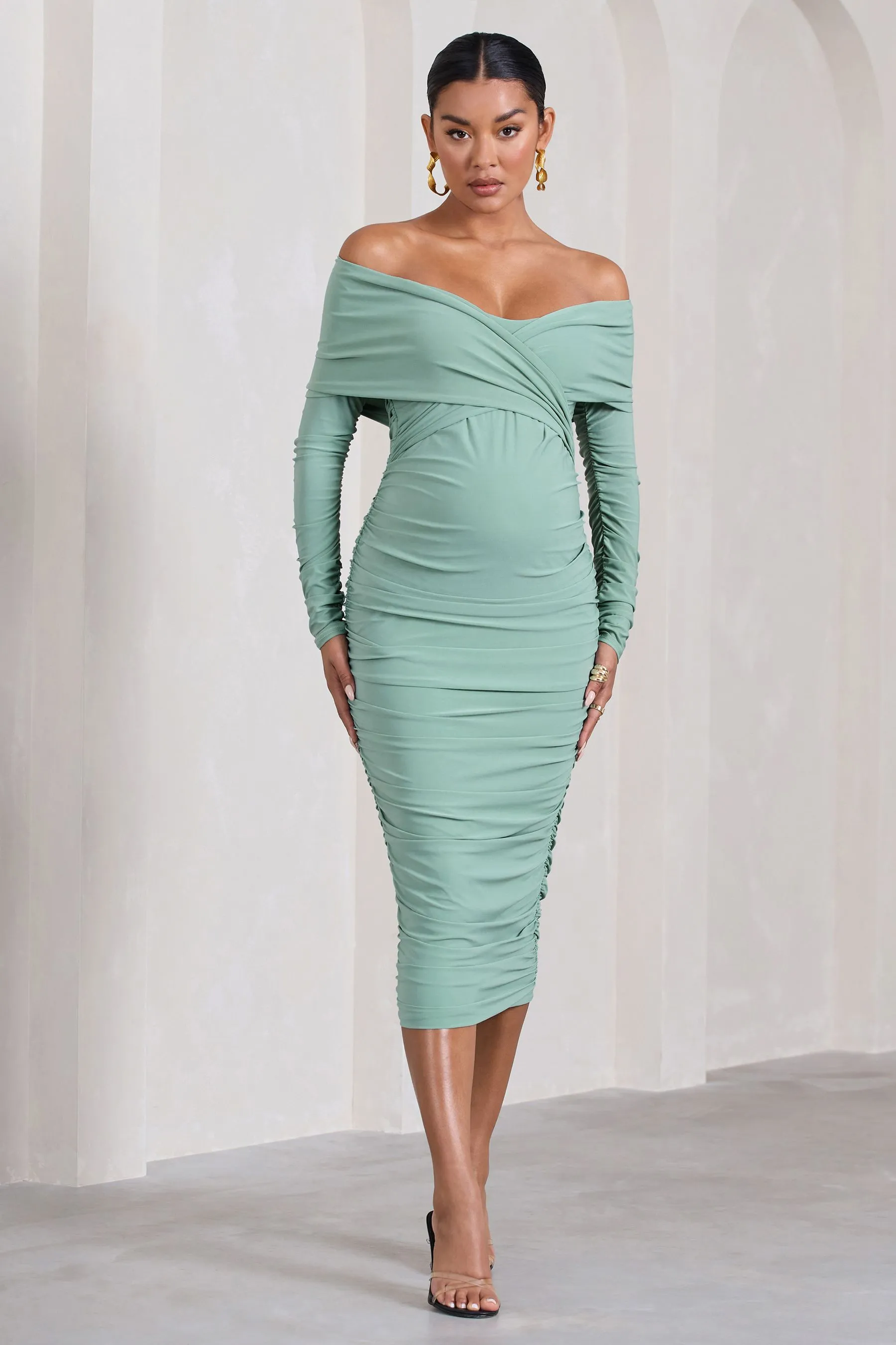 Club L London - Davina - Abito midi arricciato con scollo Manica lunga bardot
