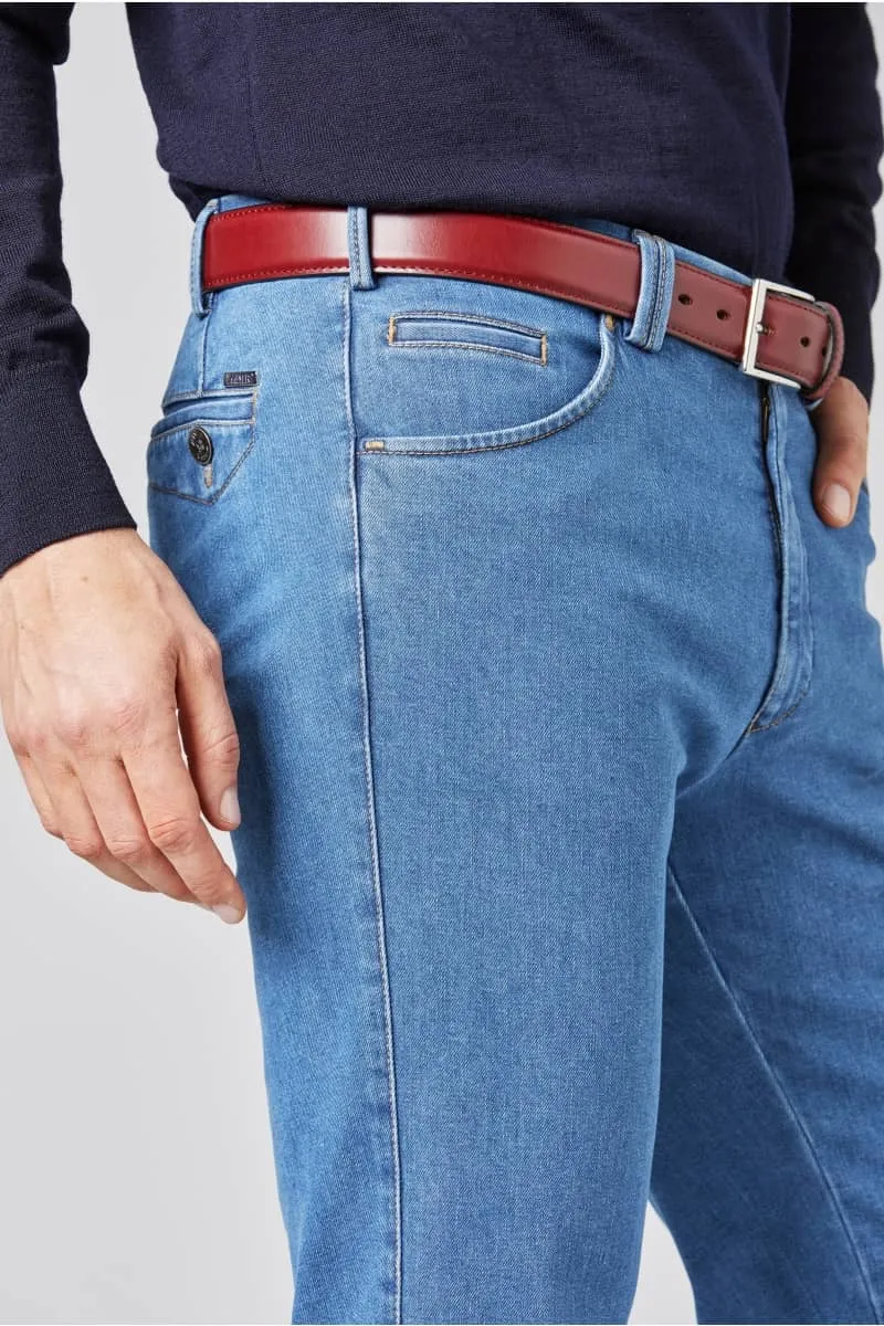 Five pockets in denim flex meyer medium blue stone modern fit
