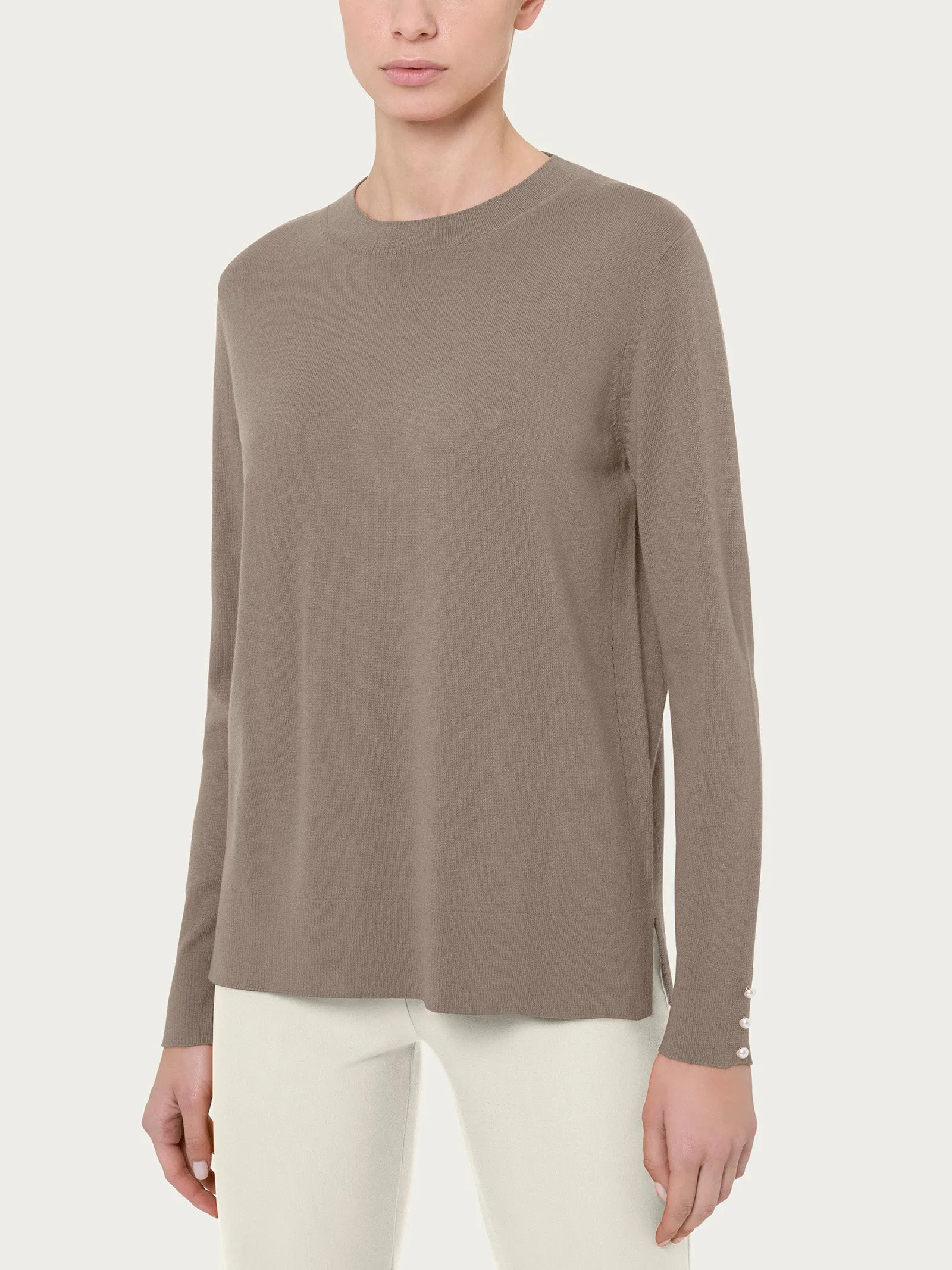 Maglia girocollo con perline in Merino Soft - Weathered Teak