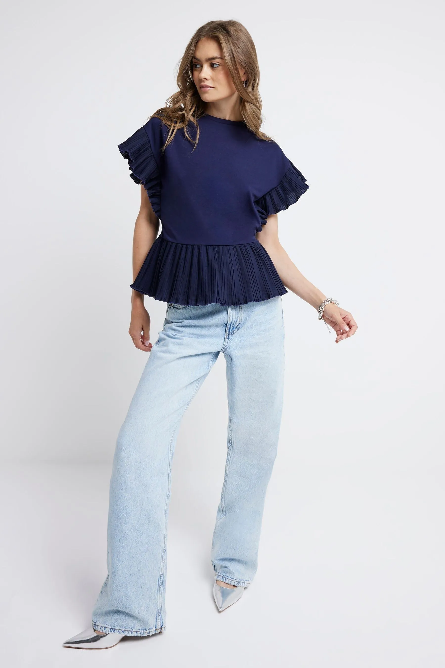 River Island 100% Cotone Orlo Plissettato T-Shirt    
