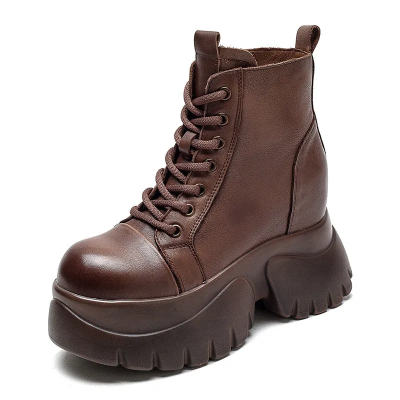 Stivali da donna con plateau grosso minimalista in pelle retrò