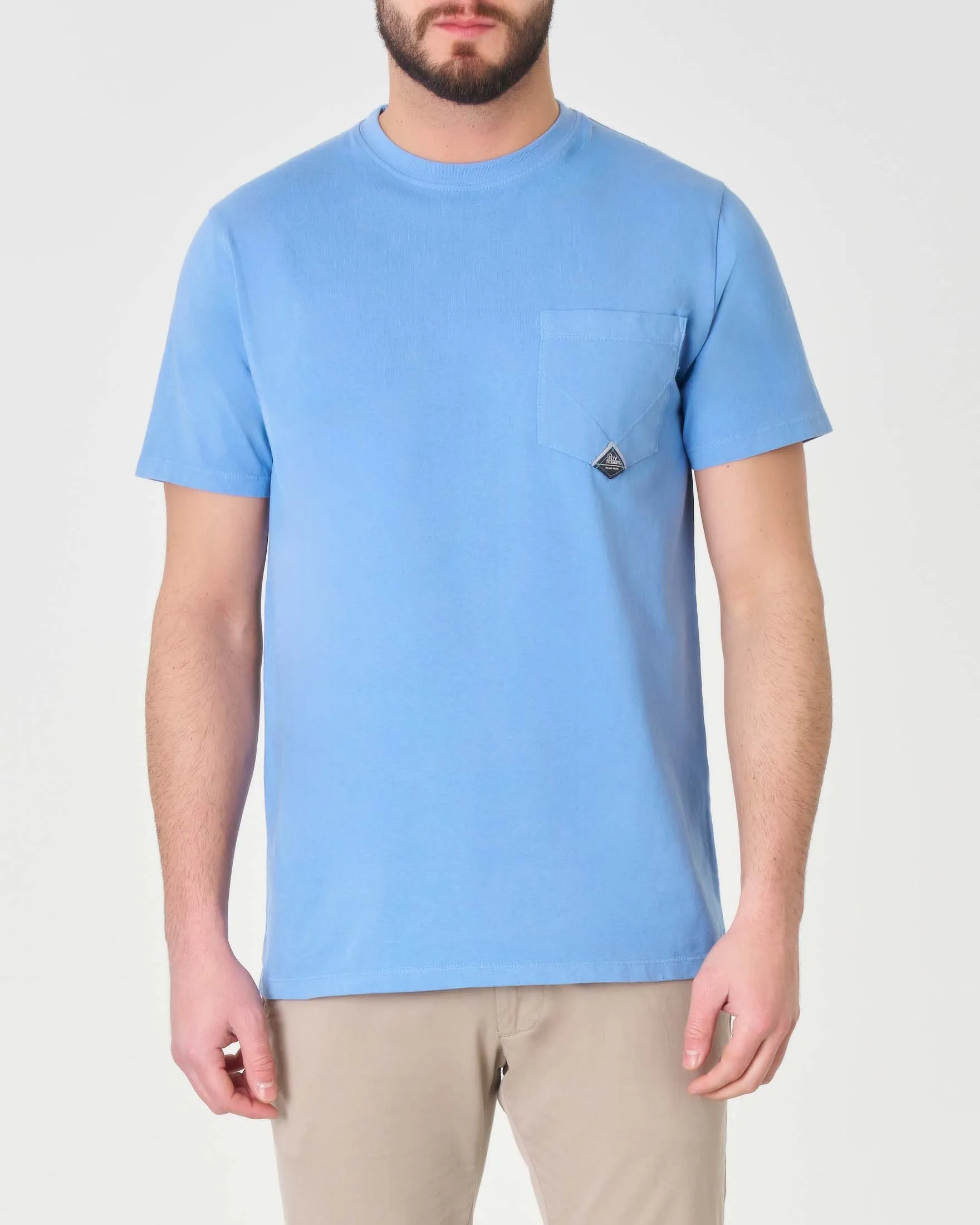 T-shirt mezza manica azzurra in puro cotone con taschino applicato sul petto