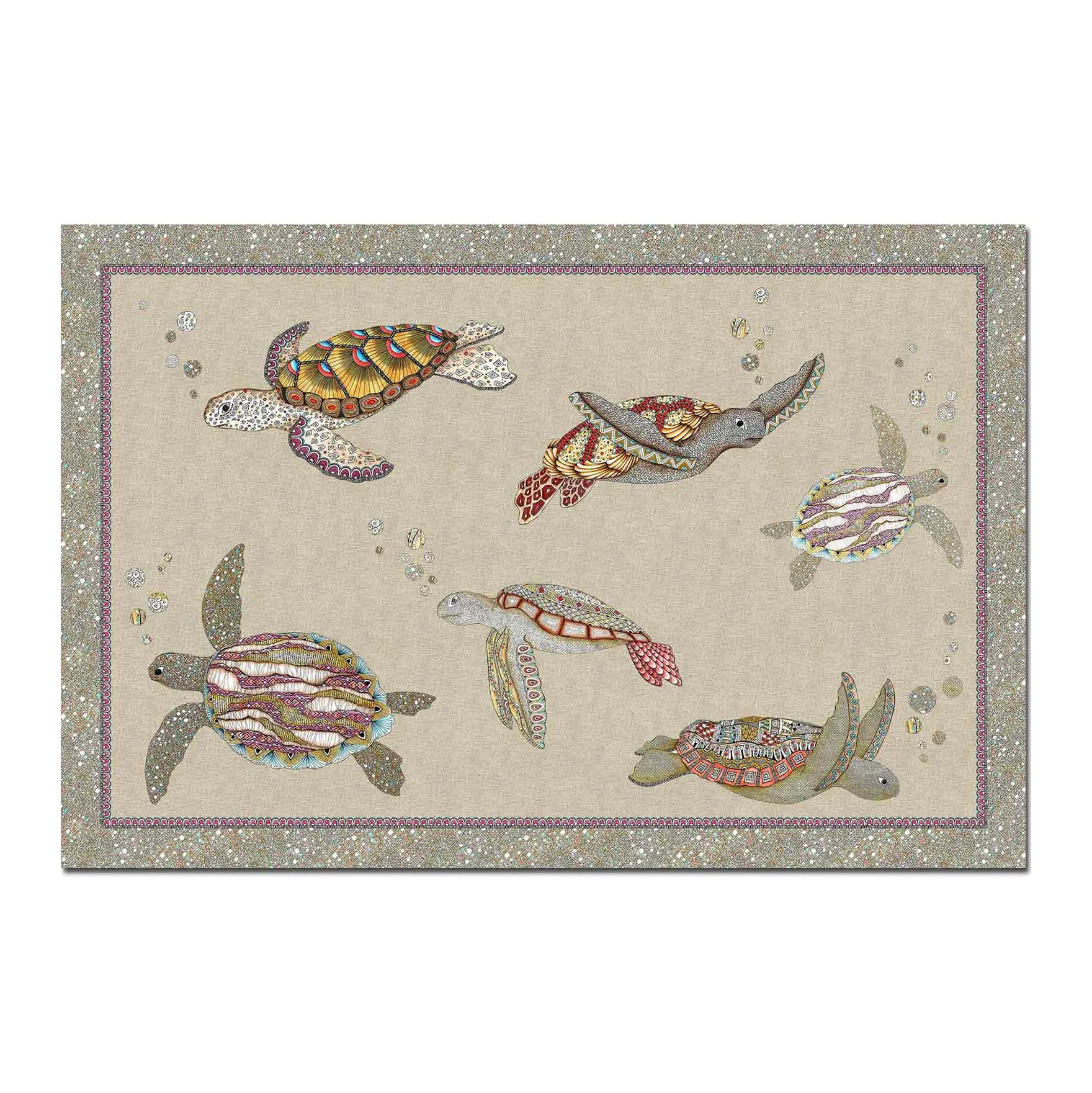 Tappeto beige 52x120cm in materiale riciclato a stampa tartarughe marine e riquadro effetto sabbia